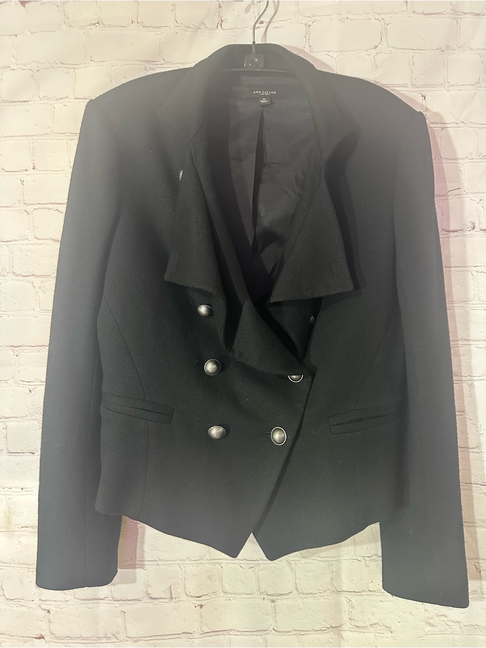 Ann Taylor Black Wool Asymmetrical Military Blazer Jacket Size 10